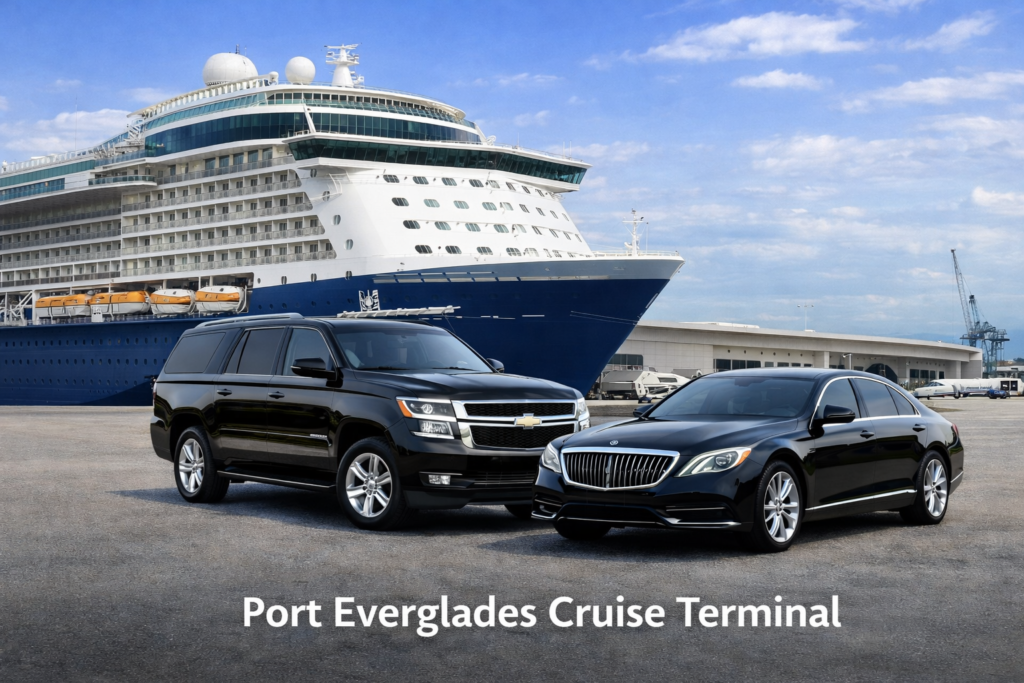 Luxury vehicles at Port Everglades terminal by West Palm Beach Car & Limo