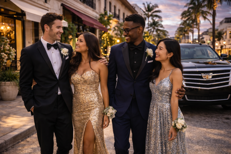 Prom night friends in city setting