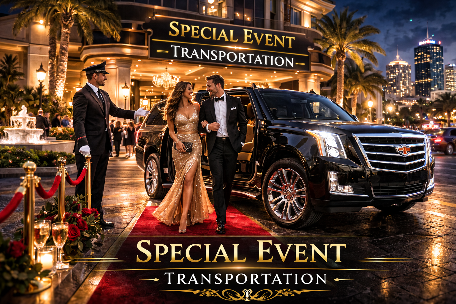 Luxury special event transportation in West Palm Beach with black Cadillac Escalade and red carpet entrance by West Palm Beach Car & Limo