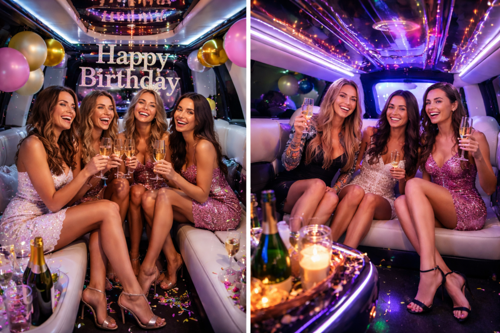 Luxury birthday limo celebration with friends inside stretch limousine, champagne glasses, balloons and Happy Birthday sign service providing by west palm beach car and limo service