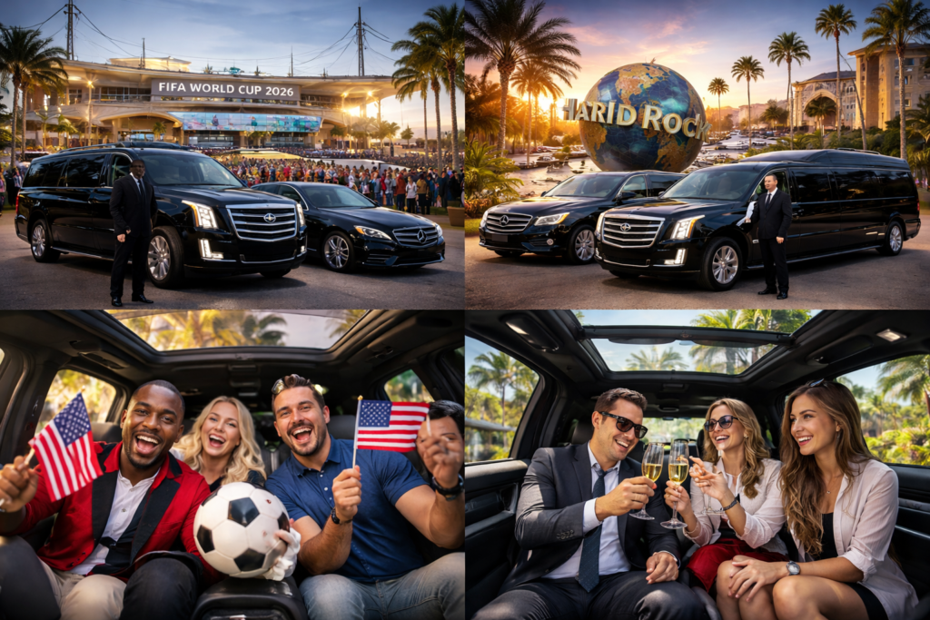 Luxury chauffeur black car service for FIFA World Cup 2026 Florida with sedan, Escalade SUV and Sprinter transportation near stadium